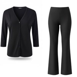 DKNY Black V-Neck 3/4 Sleeve Cardigan and Pull On Wide Leg Pants Size Small